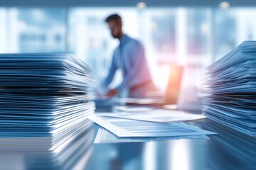 Digital document management concept, focusing on paperwork, technology integration, and modern office environment with an engaged professional handling files.