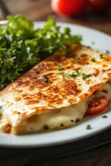 Close up of a cheesy quesadilla with tomato and lettuce on a white plate studio shot food photography delicious meal