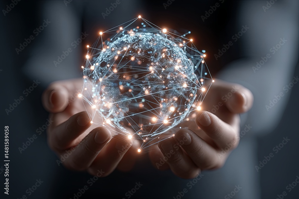Poster hands holding a virtual globe with network connections representing global communication and technol