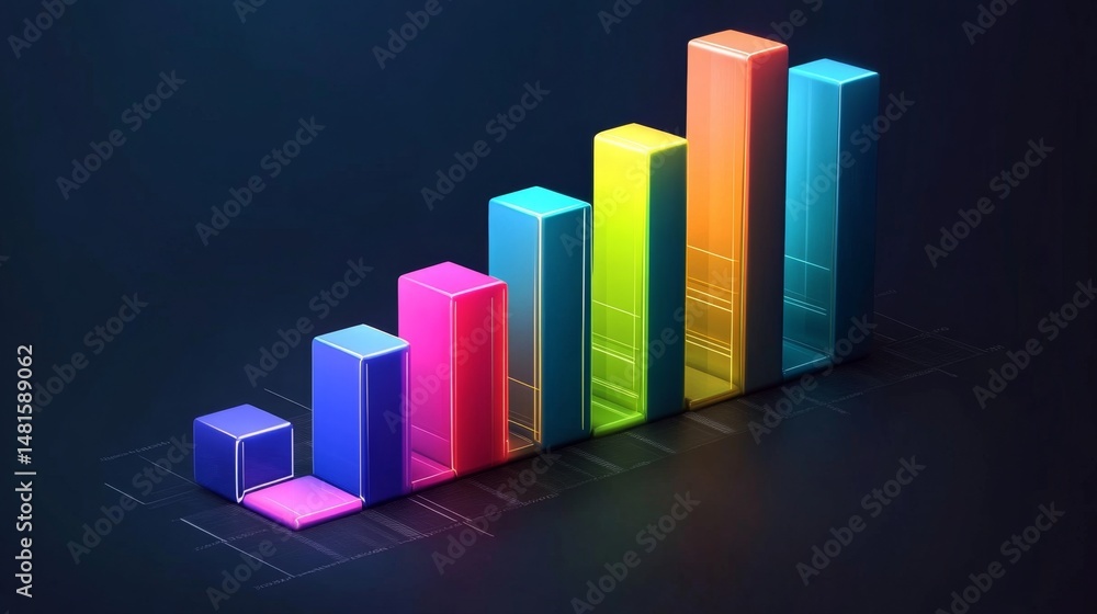 Poster deep perspective d bar chart in gradient colors on dark digital background