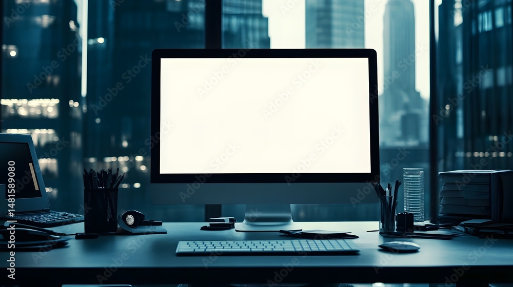 Poster empty computer screen in a modern office setting.