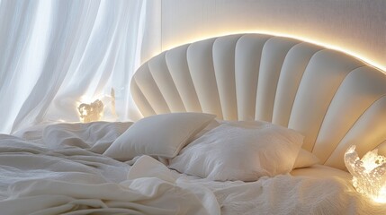 Bedroom with rounded white upholstered headboard and soft lighting
