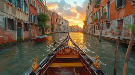 Gondola ride through Venetian canal at sunset. Colorful buildings line the narrow waterway, a bridge is visible in the distance, and the golden light of the setting sun reflects on the water.