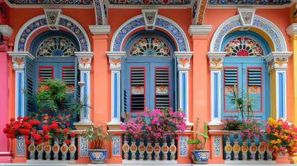 Colorful Peranakan shophouses with ornate windows and flower boxes.