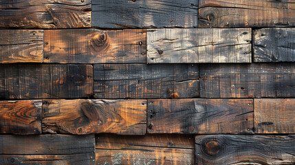 Reclaimed wood paneling wall, various shades of brown and dark gray wood planks, close-up view.
