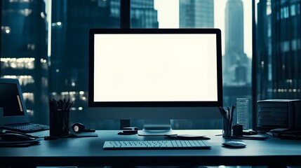 Fototapeta premium Empty computer screen in a modern office setting.