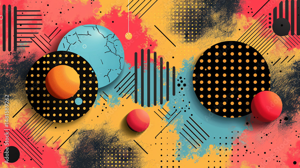 Poster abstract colorful geometric shapes design with textured background.