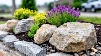 Lavender and Yellow Plants in a Rock Garden