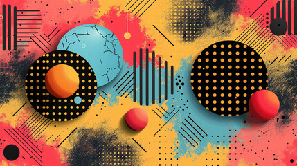 Abstract colorful geometric shapes design with textured background.
