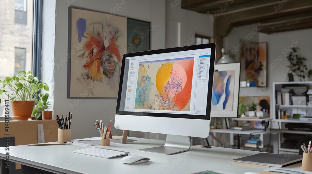 Poster creative workspace with digital art display on computer monitor.