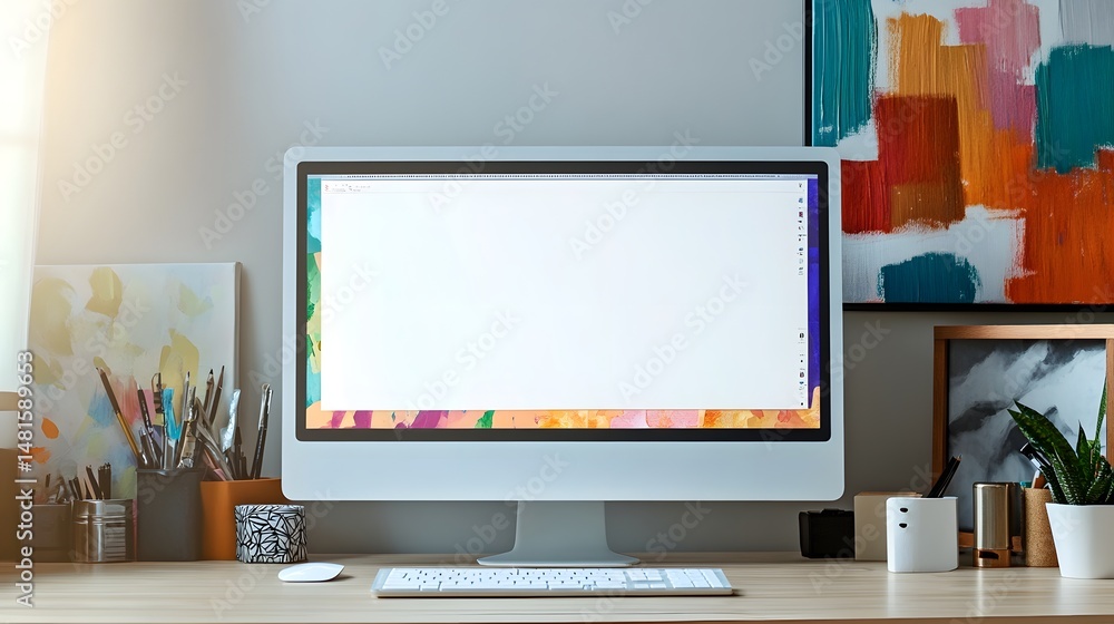 Aufkleber modern workspace computer display with decorative artwork.