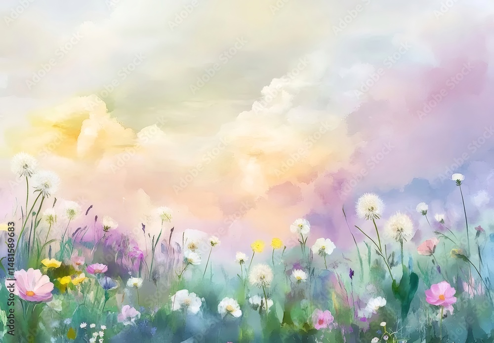 Poster パステルカラーのフィールドに咲く花々と抽象的な背景の穏やかな風景 水彩絵画風のスタイルで描かれた夢のような花の楽園