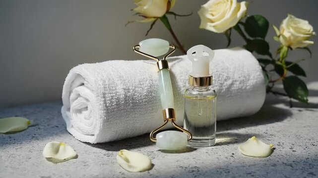 Neatly rolled white towel with jade roller and skincare serum bottle beside it, spa-style background, static camera, natural light