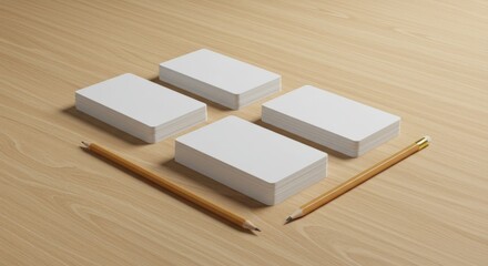 Stacks of blank business cards on a light brown wooden surface with a pencil. Mockup of business cards for branding and marketing materials.