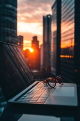 Fototapeta na wymiar Laptop and eyeglasses on table at sunset city view