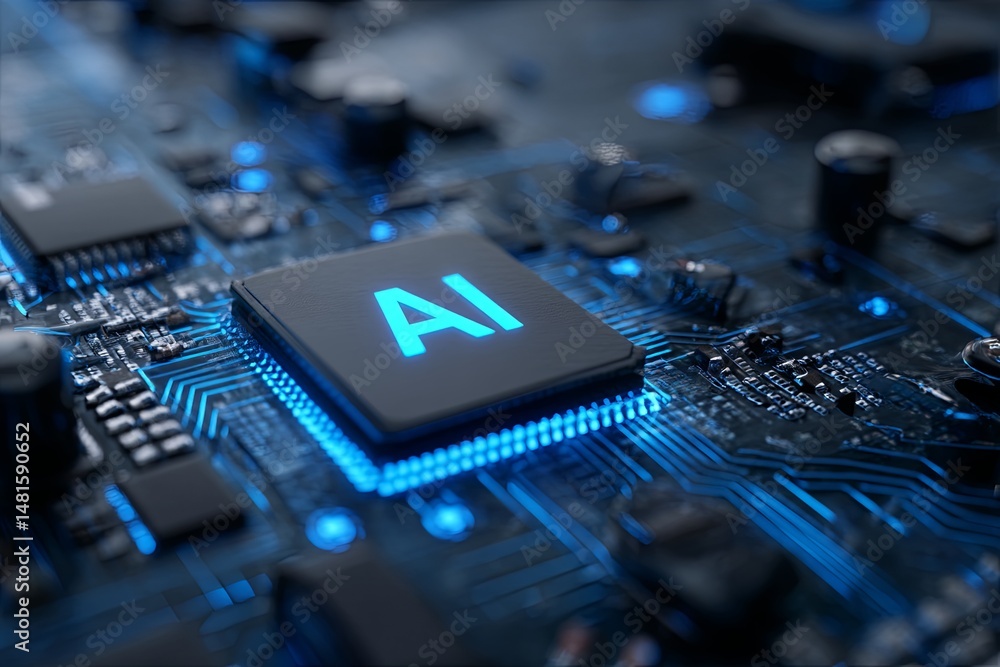 Poster futuristic ai concept with blue led lights on circuit board representing artificial intelligence tec