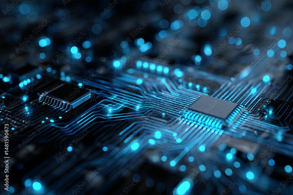 Poster futuristic ai concept with blue led lights on circuit board representing artificial intelligence tec