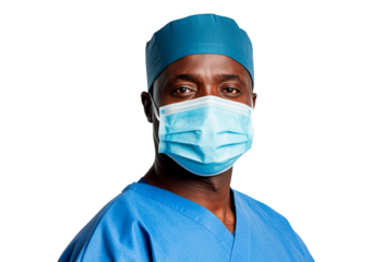 Portrait of Black Doctor Wearing Mask in Healthcare, Brainstorming Medical Development, PNG