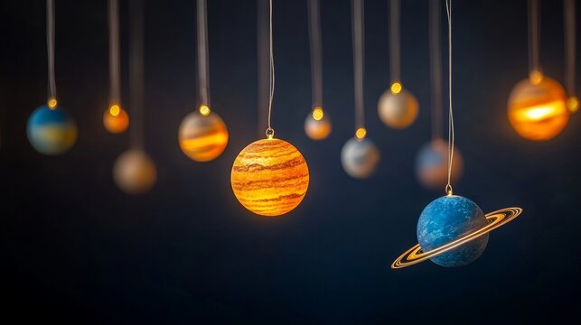 Planetary mobile art on a dark background: glowing celestial orbs evoke cosmic wonder and imaginative designs perfect for educational materials and astronomical concepts