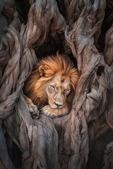 Majestic lion sleeping peacefully nestled among the twisted branches of a tree in a close up portrait wildlife shot