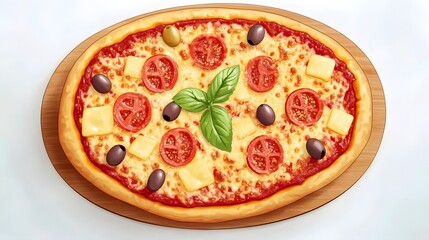 Delicious pizza with toppings on wooden board.