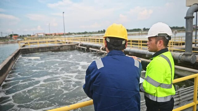 An inspector and an engineer at a water treatment plant are working together to plan the installation of additional water filters to make the water cleaner and safe for household use.