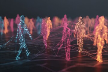 Colorful network of human icons connected by lines representing social connections and relationships in a modern digital landscape