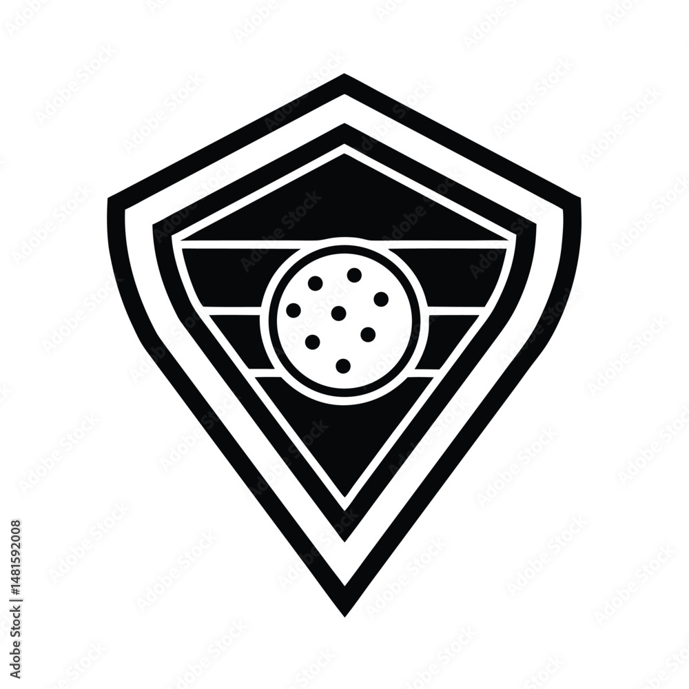 Poster geometric black and white logo design featuring a shield emblem with a circular motif of dots and li