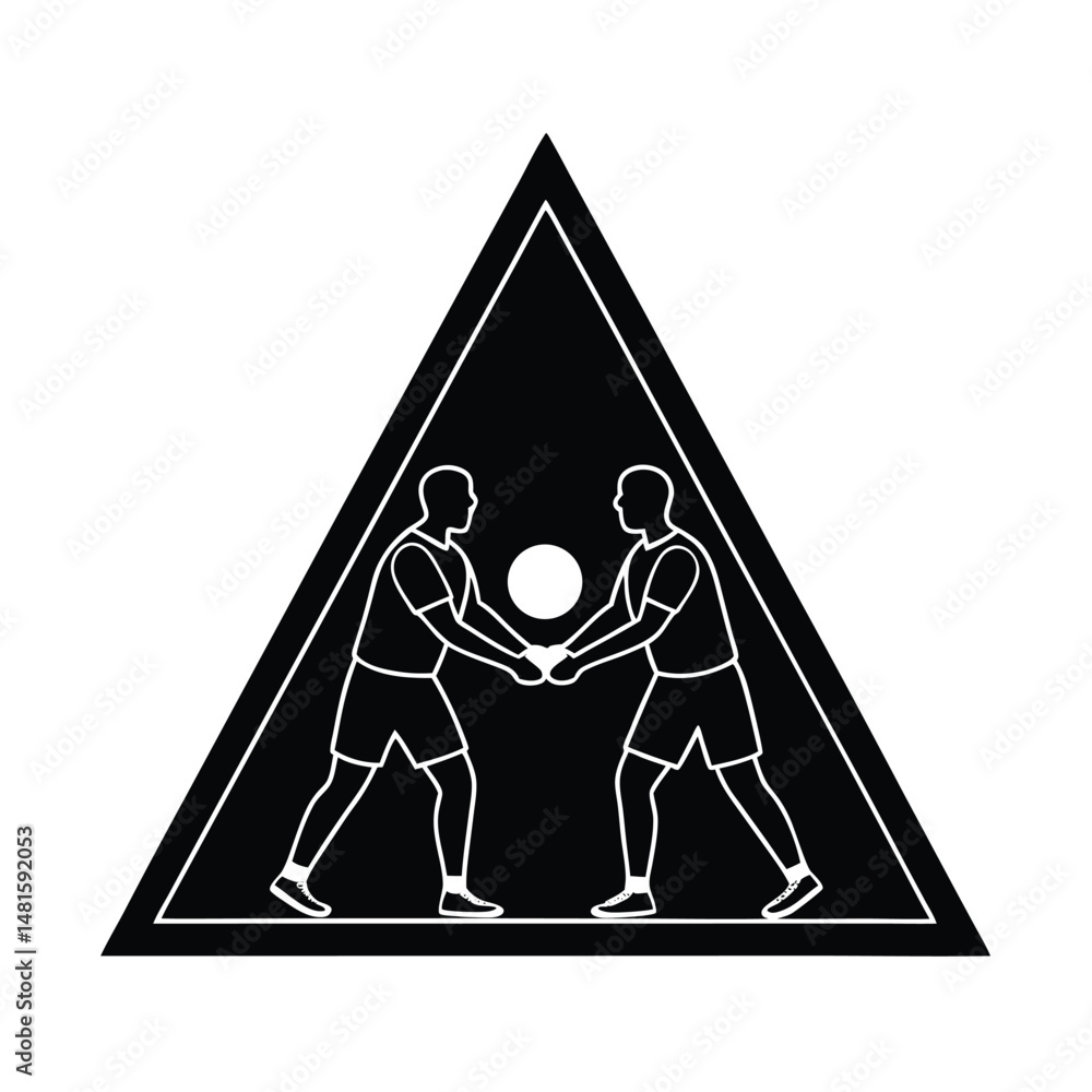 Poster symbolic illustration of two people sharing a ball within a triangular frame representing teamwork a