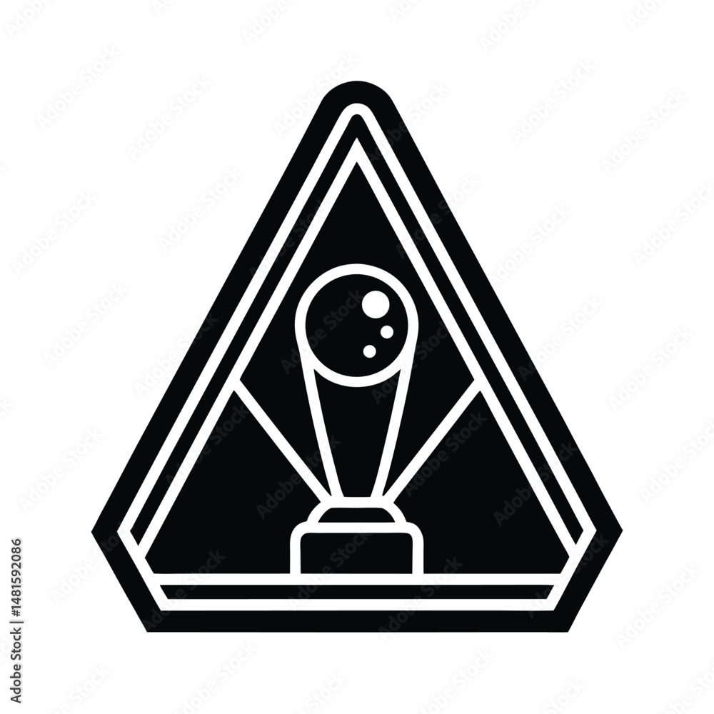 Poster symbolic monochrome emblem depicting a trophy inside a triangular geometric frame representing achie