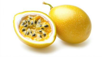 Halved and Whole Yellow Passion Fruit on White Background