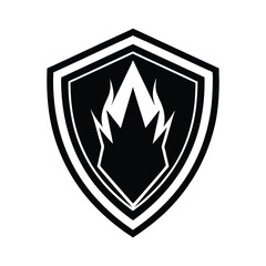 Abstract black and white shield emblem depicting flames and geometric shapes suitable for company branding