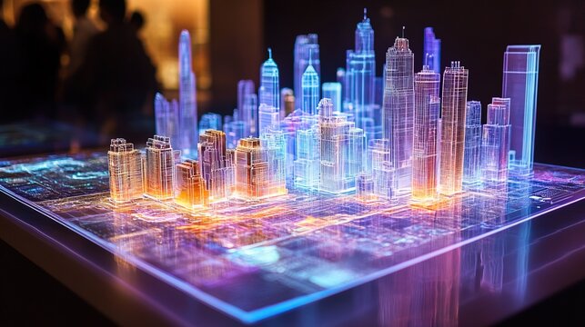 A sci-fi megacity under development with floating holographic construction plans