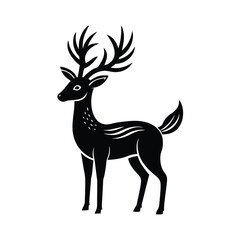 Elegant black and white silhouette of a reindeer or deer with large antlers standing proudly on a white background