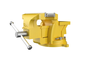 Yellow multipurpose bench vise, with an open jaw position. Tool is isolated on a PNG Transparent HD Background. High resolution image.