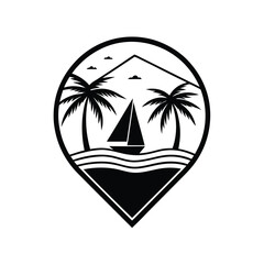 Black and white tropical island design features a sailboat palm trees sun and ocean waves in a location pointer