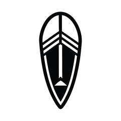 Minimalist black and white tribal mask illustration depicting geometric shapes and decorative elements