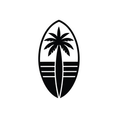 Black and white illustration of a stylized palm tree and surfboard design representing tropical beach lifestyle