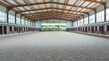 Indoor equestrian arena: sand floor wooden beams and stalls 