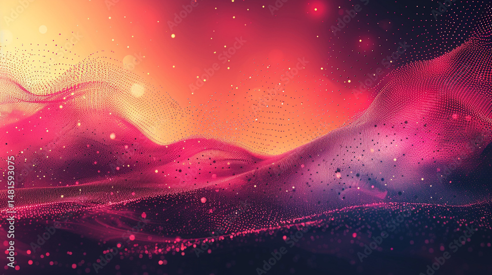 Poster abstract digital landscape with vibrant colors and particle effects.