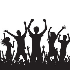 Simple black and white editable vector silhouette of people cheering happily
