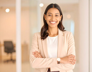 Confident Hispanic Businesswoman Smiling in Beige Blazer with Arms Crossed in Bright Modern Office Space