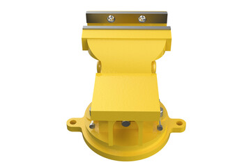 Naklejka premium Yellow multipurpose bench vise, with an open jaw position. Tool is isolated on a PNG Transparent HD Background. High resolution image.