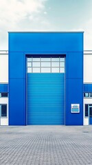 Blue industrial building facade minimal design clear sky modern architecture bold geometric shapes business exterior urban background