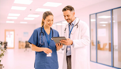 Confident Nurse Reviewing Patient Charts on Tablet Collaborating with Doctor in Modern Hospital Corridor With Natural Lighting