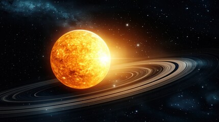 Glowing Orange Planet with Pixelated Rings in Dark Space
