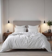 King bed, crisp white linens, minimalist Scandinavian bedroom, pillows, simple bedroom