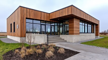 Modern Wood and Concrete Building Exterior in a Natural Setting