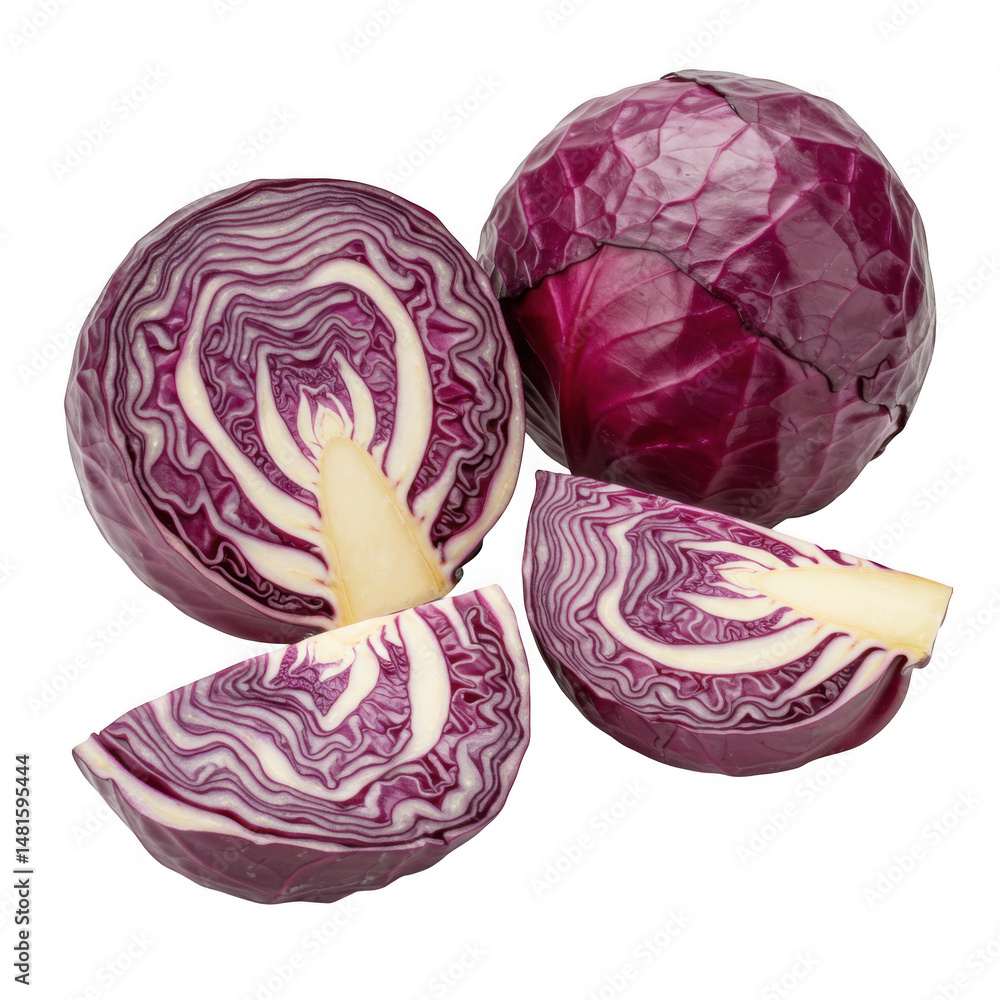 Poster red cabbage whole and sliced isolated on transparent background