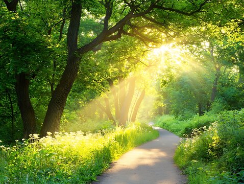 Sunlight path in a lush green forest